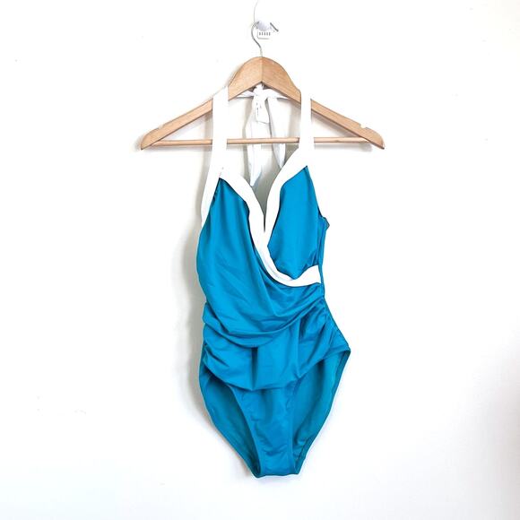 Lauren Ralph Lauren Halter One Piece Swimsuit Bathing Suit Size 10 Green Beach - Picture 1 of 8